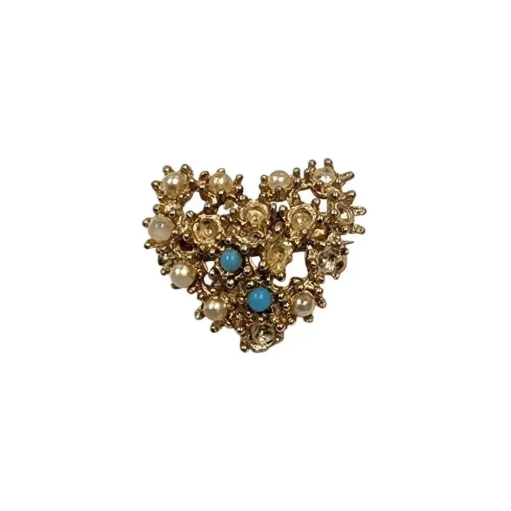 Vintage Beaded Faux Pearls Heart Shape Brooch Pin Gold Tone